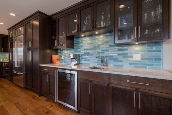 Kitchen - transitional kitchen idea in Vancouver with blue backsplash and ceramic backsplash