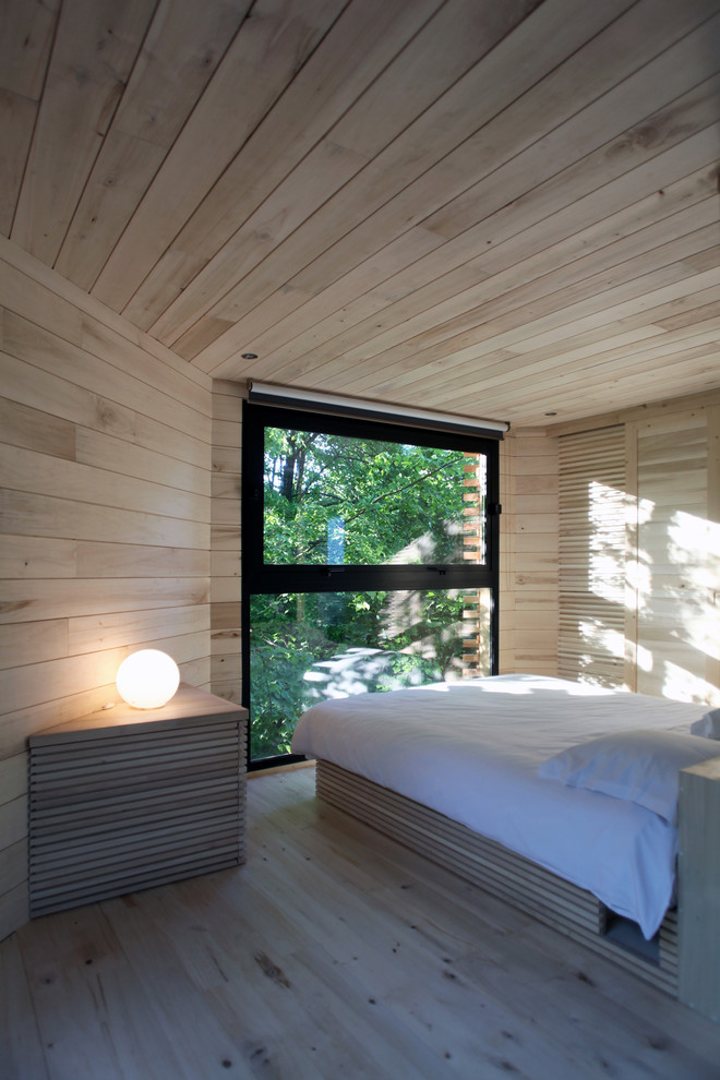 Inspiration for a contemporary bedroom in Paris with beige walls, light hardwood floors and beige floor.