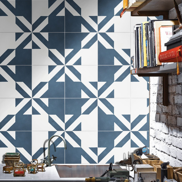 8"x8" Tantan Handmade Cement Tile, Navy Blue/White, Set of 12