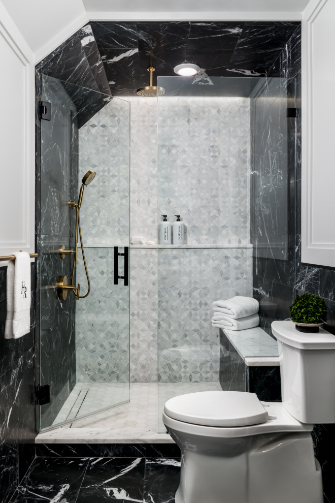 Inspiration for a mid-sized transitional black and white tile and marble tile marble floor, black floor and wall paneling shower bench remodel in Atlanta with white walls, a hinged shower door and a two-piece toilet