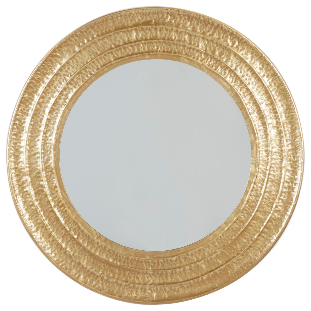 Large Round Gold Metal Hammered Wall Mirror, 40" X 40" Traditional