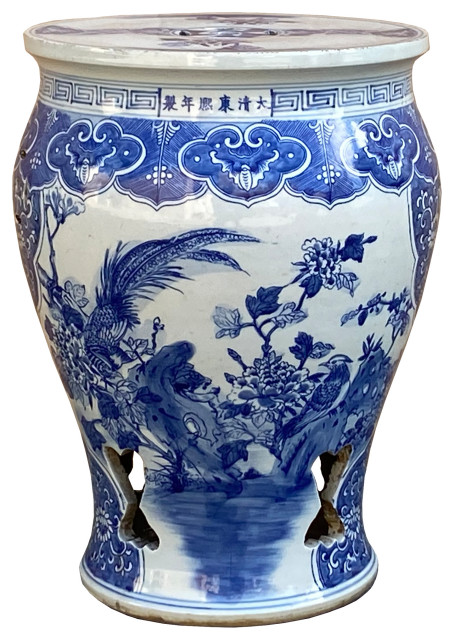 Chinese Blue and White Porcelain Flower Birds Large Round Stool Table Hcs7377