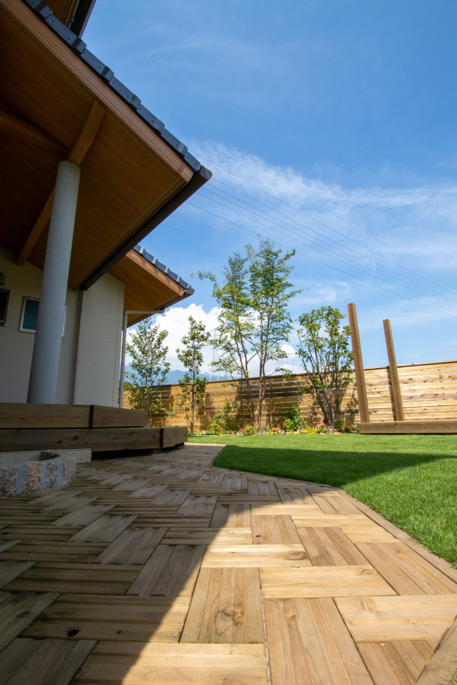 Cette image montre un jardin arrière nordique l'été avec une exposition partiellement ombragée et une clôture en bois.