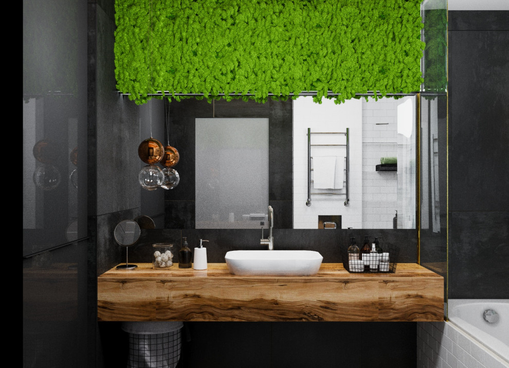 Интерьер санузла с зеленой стеной