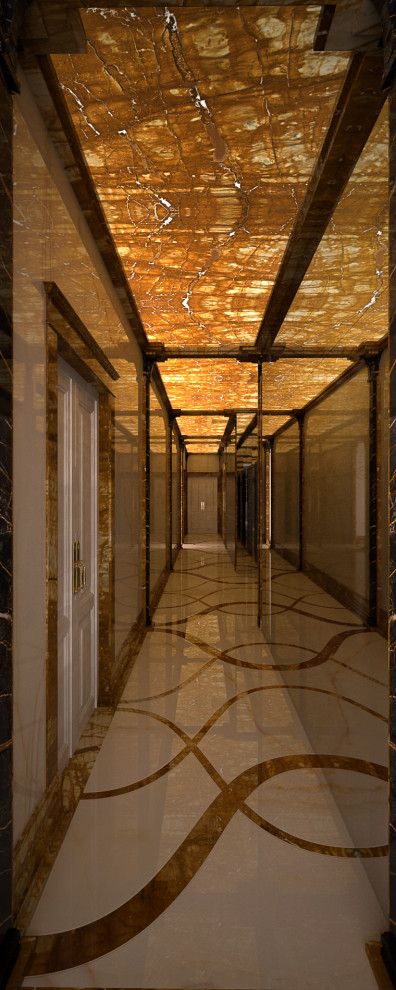 Aménagement d'un très grand couloir moderne avec un mur multicolore, un sol en marbre, un sol multicolore et un plafond à caissons.