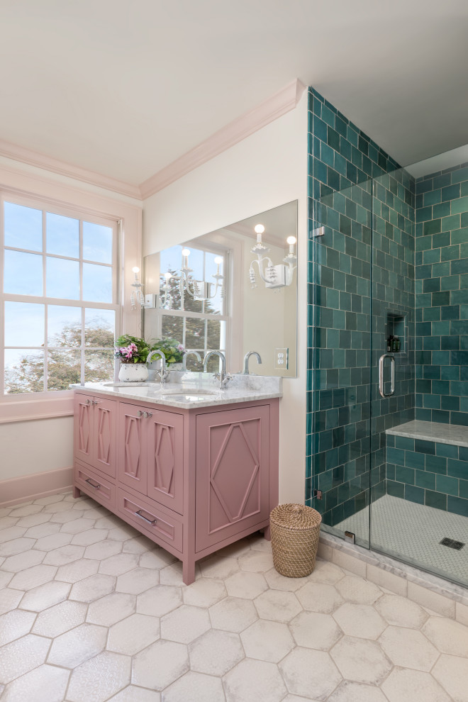 Inspiration for a mid-sized eclectic kids bathroom in Other with furniture-like cabinets, purple cabinets, an alcove shower, blue tile, ceramic tile, white walls, ceramic floors, an undermount sink, marble benchtops, white floor, a hinged shower door, white benchtops, a shower seat, a double vanity and a built-in vanity.