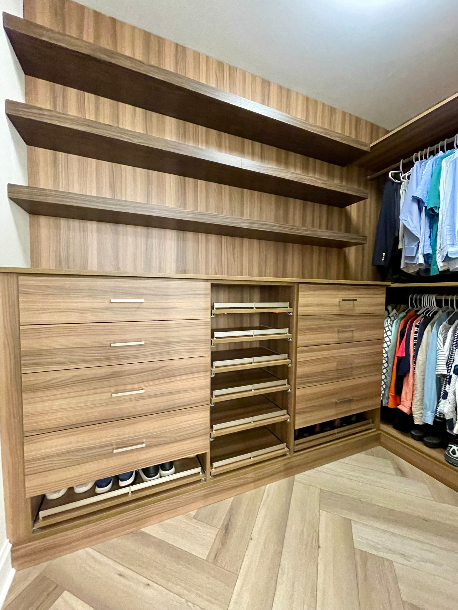 Modern Closet with Floating Shelves and Shoe Pullouts