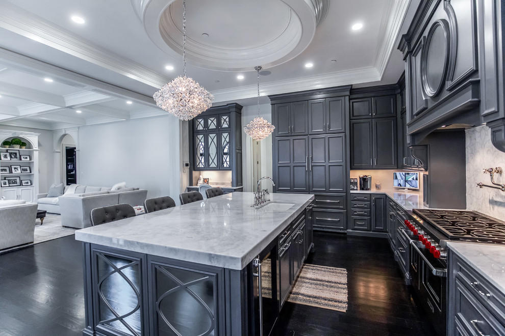 Eat-in kitchen - large transitional l-shaped dark wood floor eat-in kitchen idea in DC Metro with beaded inset cabinets, gray cabinets, stainless steel appliances and an island