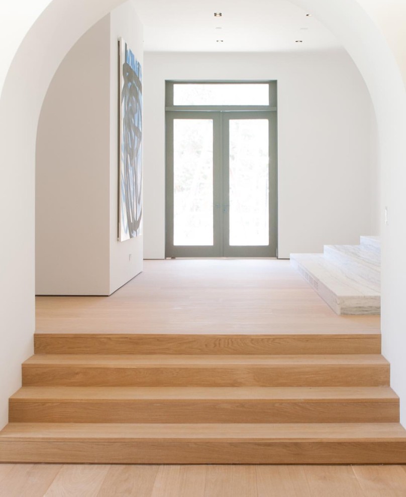 This is an example of a mid-sized contemporary foyer in Los Angeles with white walls, light hardwood floors, a double front door and a glass front door.