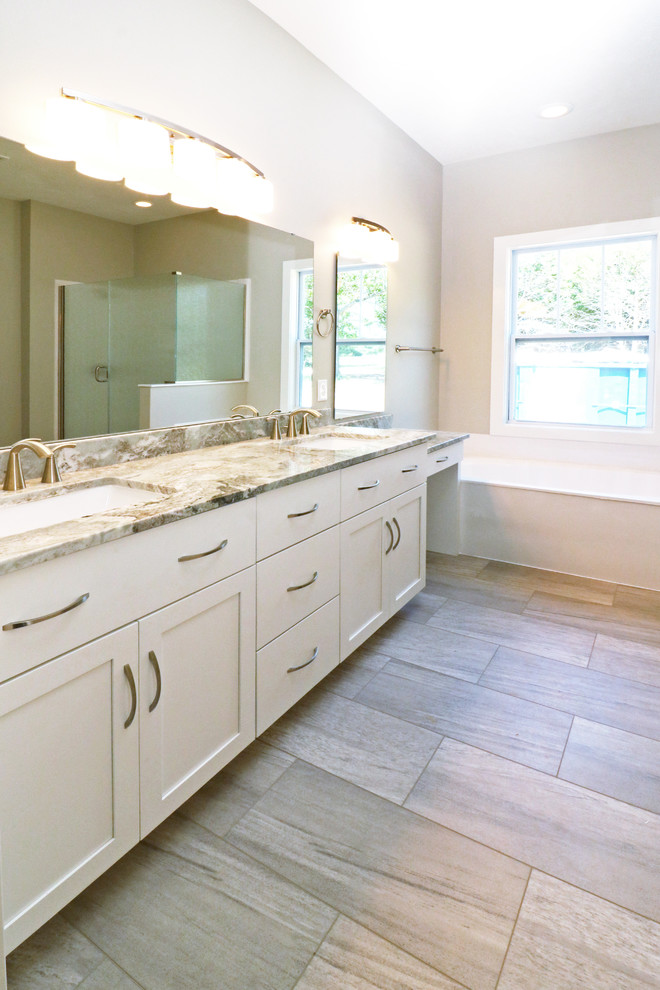 Bathroom - mid-sized transitional master vinyl floor and gray floor bathroom idea with flat-panel cabinets, white cabinets and gray walls