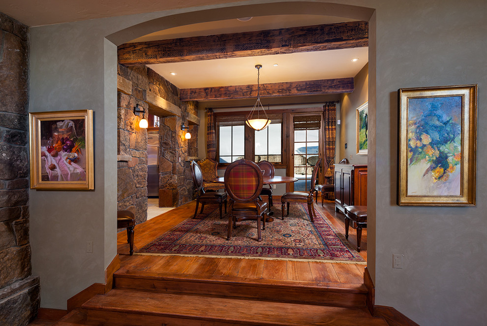 Large mountain style kitchen/dining room combo photo