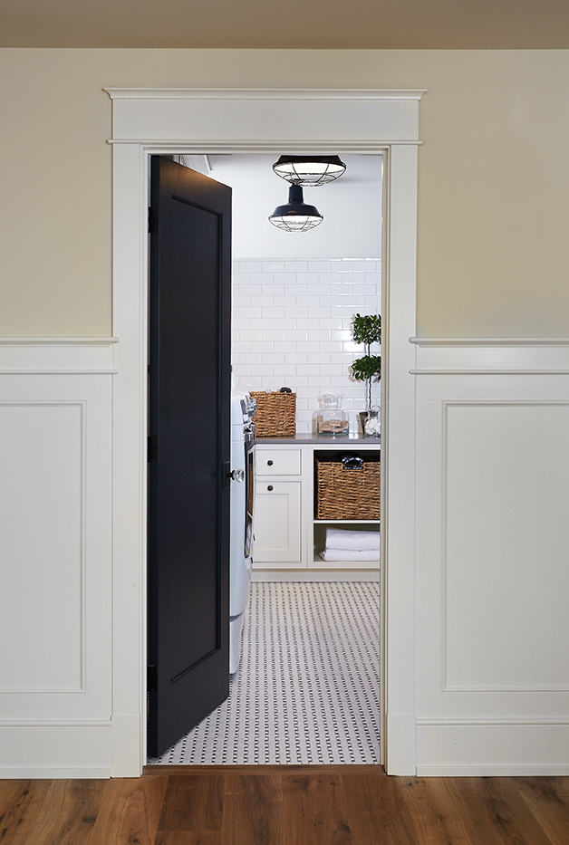 Inspiration for a mid-sized transitional galley dedicated laundry room in Grand Rapids with open cabinets, white cabinets, white walls, porcelain floors, multi-coloured floor, an undermount sink, quartzite benchtops, a side-by-side washer and dryer and beige benchtop.