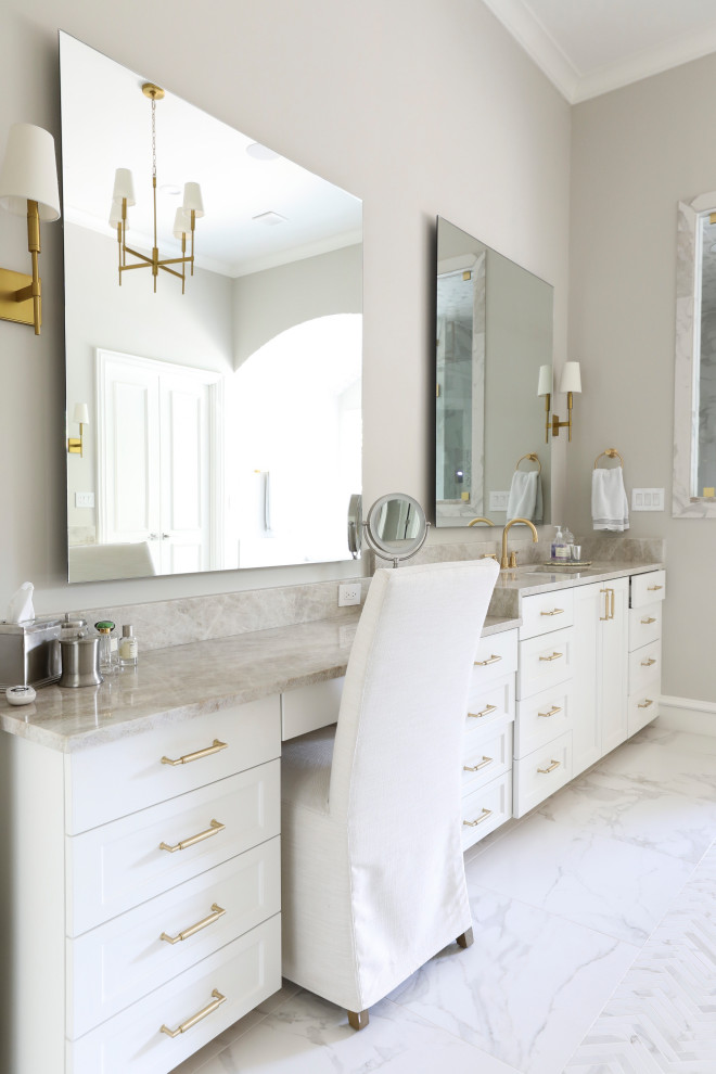 This is an example of a mid-sized transitional master bathroom in Dallas with shaker cabinets, white cabinets, an undermount tub, a corner shower, a two-piece toilet, multi-coloured tile, porcelain tile, grey walls, porcelain floors, an undermount sink, marble benchtops, multi-coloured floor, a hinged shower door, brown benchtops, a double vanity and a built-in vanity.