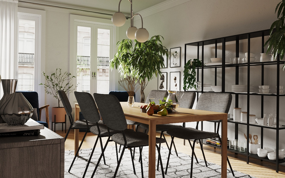 Inspiration for a small scandi dining room in Leipzig with banquette seating, beige walls, medium hardwood flooring, beige floors, a wallpapered ceiling and wallpapered walls.