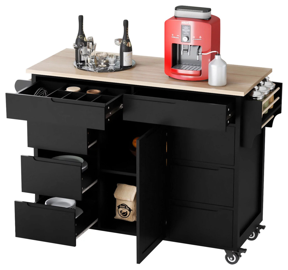 Large Kitchen Cart, Multiple Drawers & With Natural Wood Top