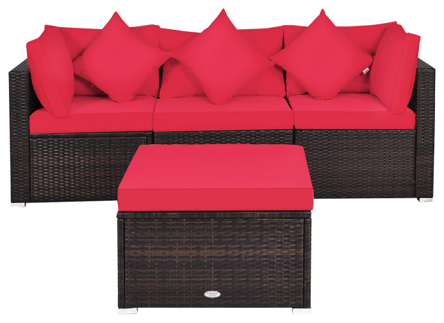 Costway 4PCS Patio Rattan Wicker Furniture Set Cushioned Sofa Ottoman Deck Red