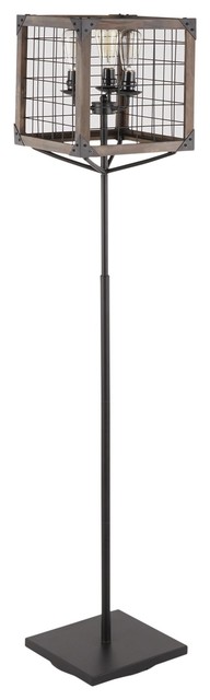 Orleans Industrial Floor Lamp, Black Metal With Wooden Wire Crate Shade