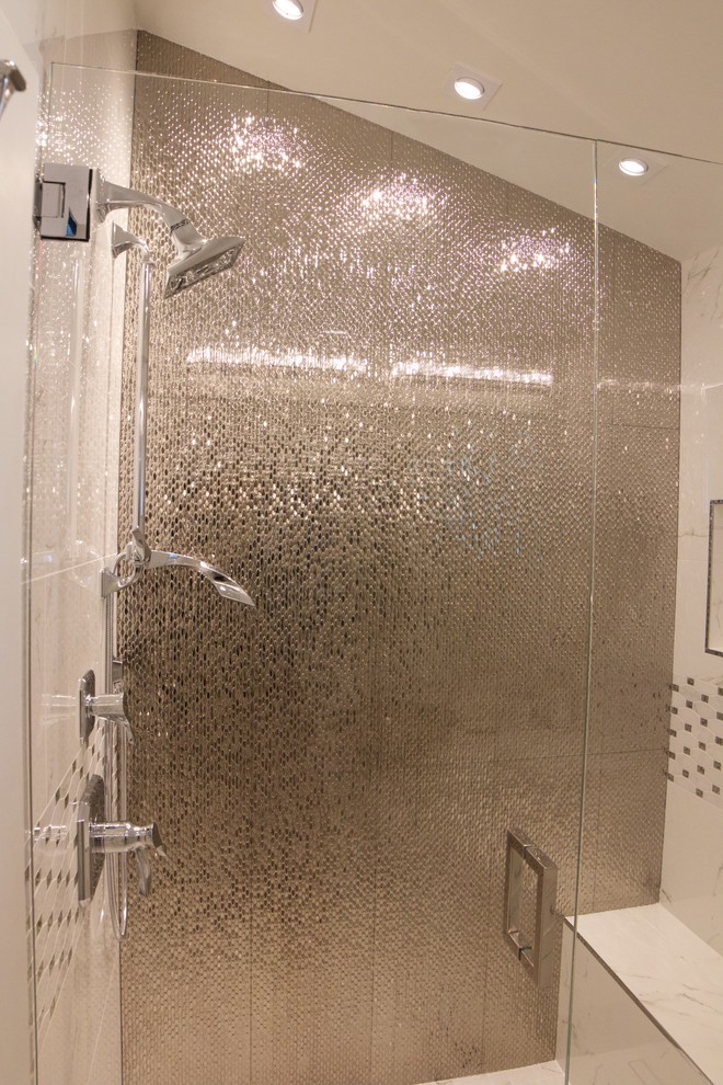 Mid-sized transitional 3/4 gray tile, white tile and mosaic tile marble floor and white floor alcove shower photo in Orange County with beaded inset cabinets, white cabinets, white walls, a vessel sink, quartz countertops and a hinged shower door