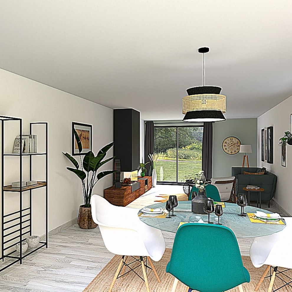 Источник вдохновения для домашнего уюта: гостиная-столовая среднего размера в скандинавском стиле с зелеными стенами, светлым паркетным полом, фасадом камина из металла и серым полом