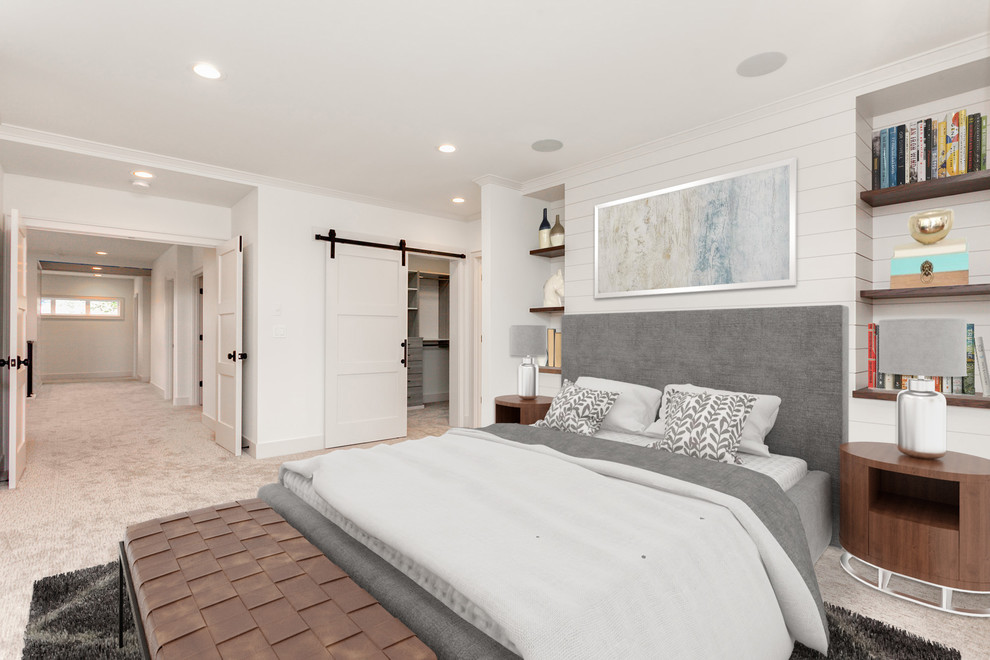 Mid-sized contemporary master bedroom in Seattle with white walls, carpet, no fireplace and grey floor.