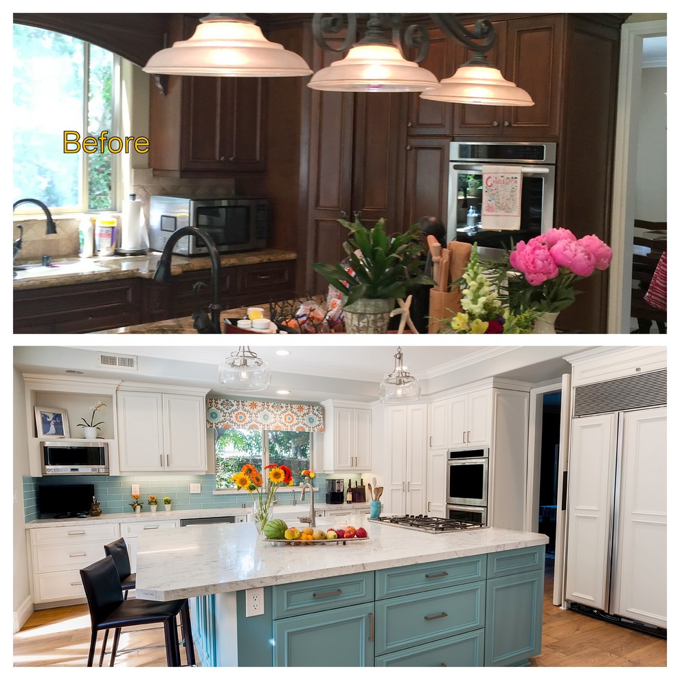 Large beach style l-shaped open plan kitchen in Los Angeles with a farmhouse sink, beaded inset cabinets, white cabinets, quartz benchtops, blue splashback, glass tile splashback, stainless steel appliances, light hardwood floors, with island and multi-coloured floor.