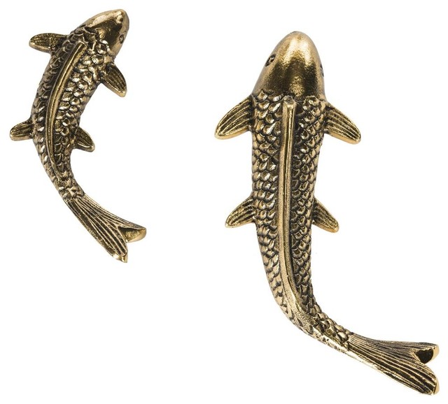 2 Pc Koi Fish Wall Decor In Antique Gold Asian Wall Sculptures