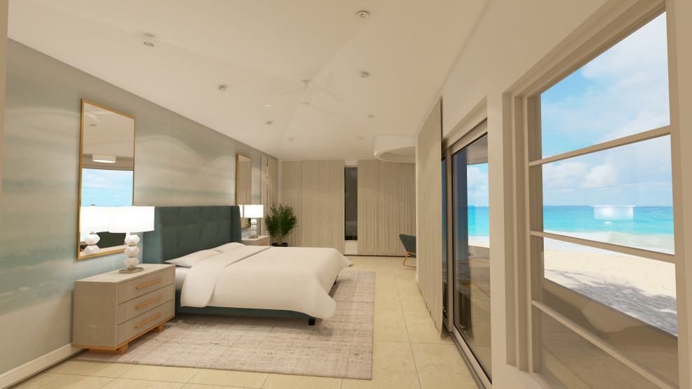 ハワイにある中くらいなビーチスタイルのおしゃれな主寝室 (白い壁、磁器タイルの床、暖炉なし、黄色い床、三角天井、壁紙) のレイアウト