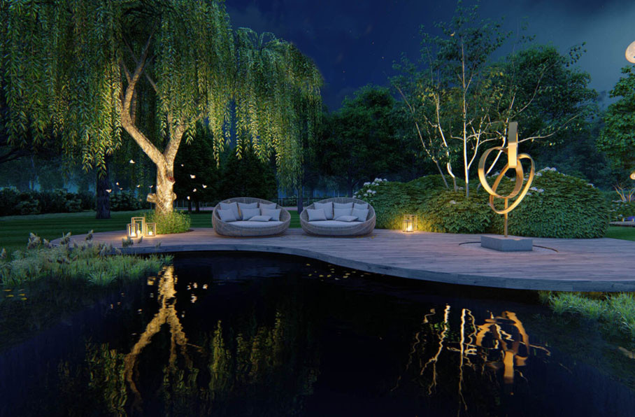 Проект участка с озером, бассейном и большой патио-зоной у дерева