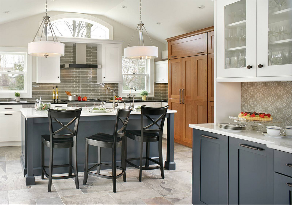 Inspiration for a large contemporary kitchen in Houston with shaker cabinets, white cabinets, marble benchtops, grey splashback, cement tile splashback, stainless steel appliances, ceramic floors and with island.