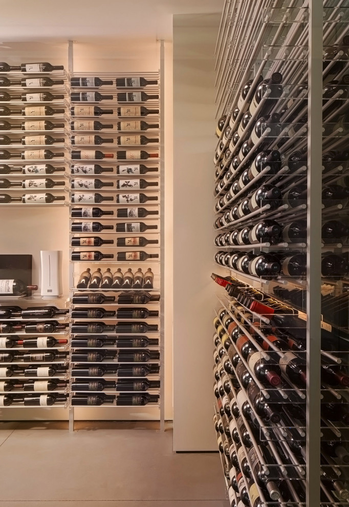This is an example of a mid-sized modern wine cellar in Phoenix with porcelain floors, storage racks and multi-coloured floor.