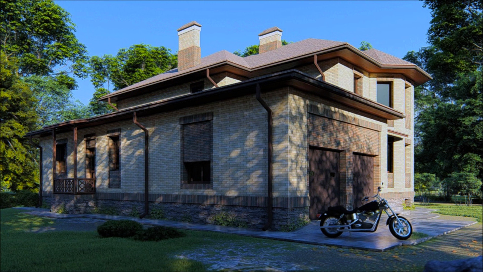 Проект двухэтажного дома с гаражом на два автомобиля и цоколем