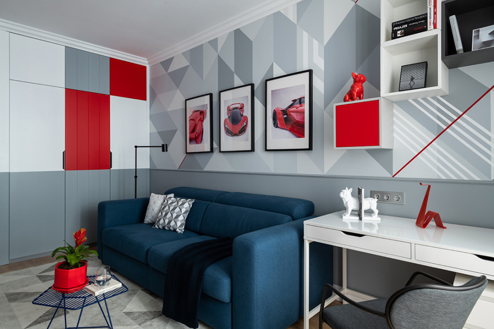 Inspiration for a mid-sized contemporary kids' playroom for kids 4-10 years old and boys in Yekaterinburg with grey walls, laminate floors and beige floor.