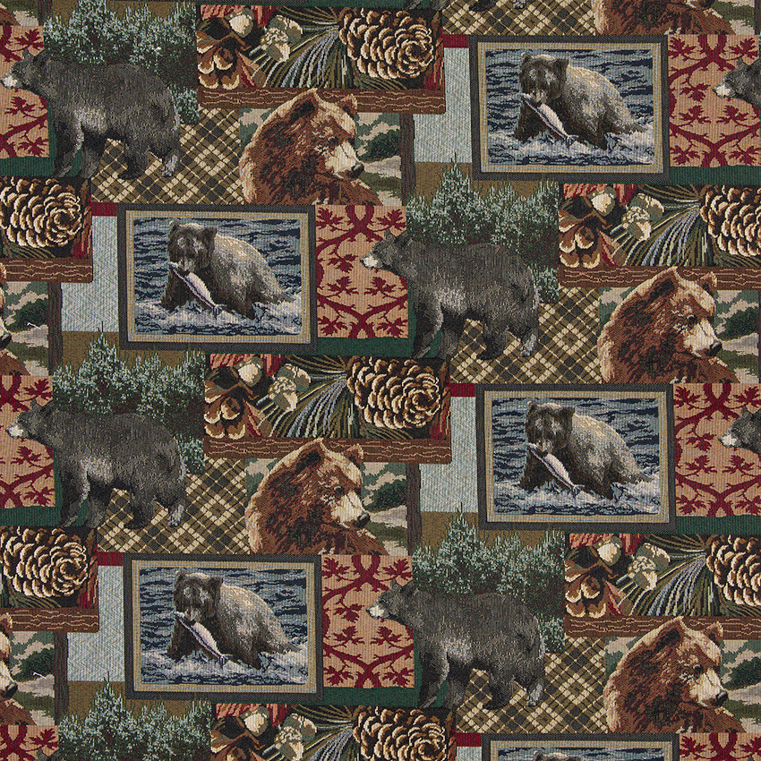 Bears Fish Acorns and Trees Themed Tapestry Upholstery Fabric By The Yard