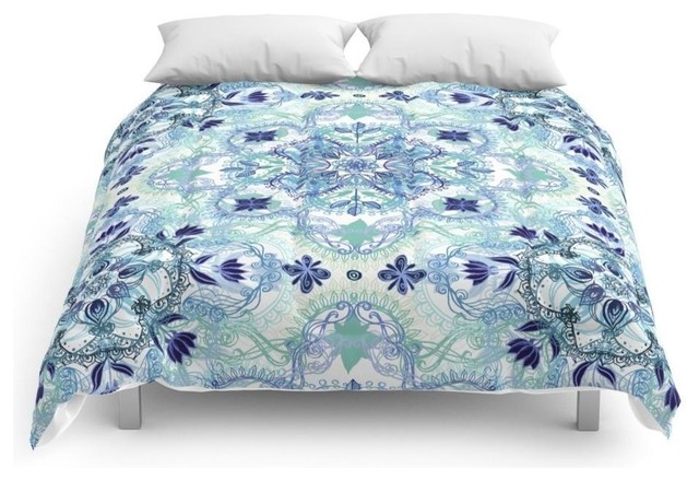 Navy Blue Green And Cream Detailed Lace Doodle Pattern Comforter Navy Blue Green And Cream Detailed