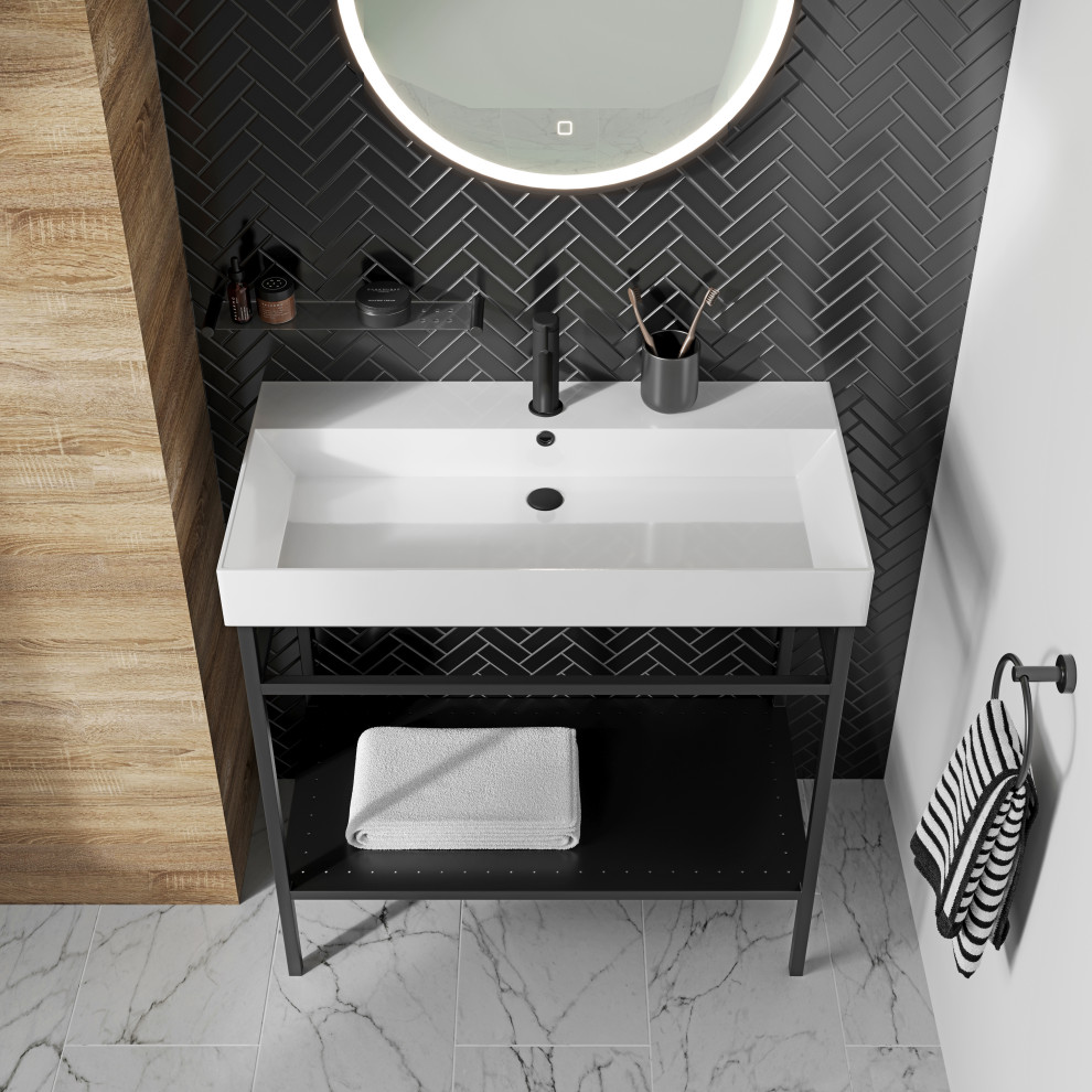 Идея дизайна: детская ванная комната среднего размера в стиле модернизм с черной плиткой, черными стенами, мраморным полом, консольной раковиной, белым полом и удлиненной плиткой