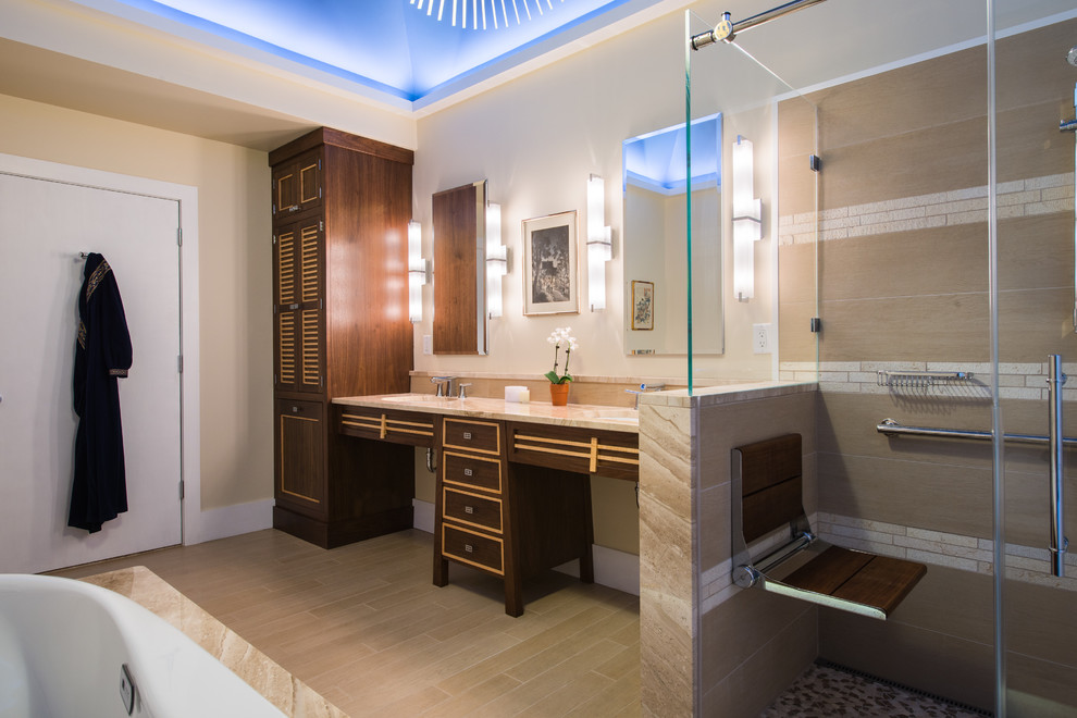 Design ideas for a large asian master bathroom in Philadelphia with furniture-like cabinets, dark wood cabinets, a drop-in tub, an alcove shower, beige tile, white tile, ceramic tile, beige walls, ceramic floors, an undermount sink and granite benchtops.