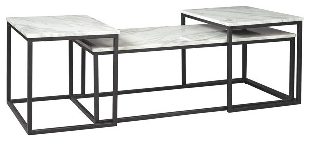 Benzara BM226510 3 Piece Occasional Table Metal Frame, Marble Top, White/Black