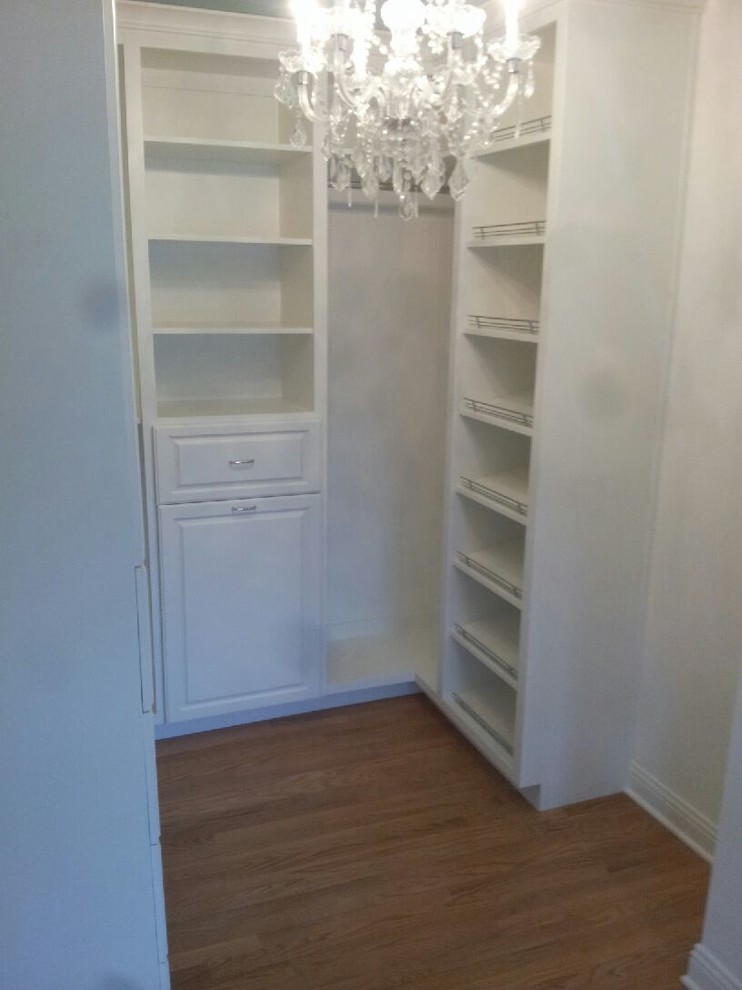 Small traditional women's walk-in wardrobe in Milwaukee with raised-panel cabinets, white cabinets and light hardwood floors.