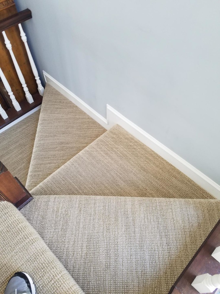 Inspiration for a mid-sized transitional carpeted spiral home design remodel in Orange County with carpeted risers