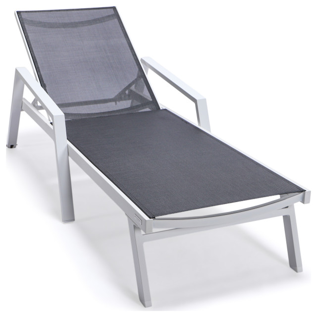 LeisureMod Marlin Patio Chaise Lounge Chair With Arms White Frame