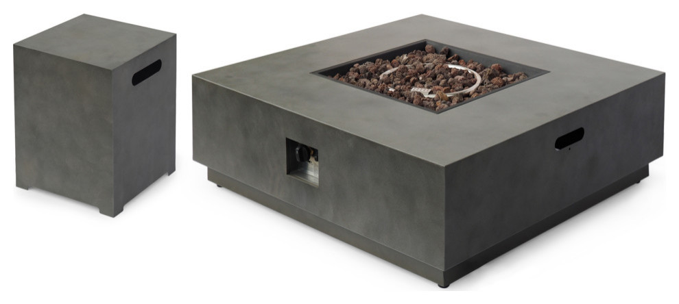 GDF Studio Jasmine Outdoor Dark Gray Iron 40" Square Fire Pit Set, 50,000 BTU, Concrete Finish