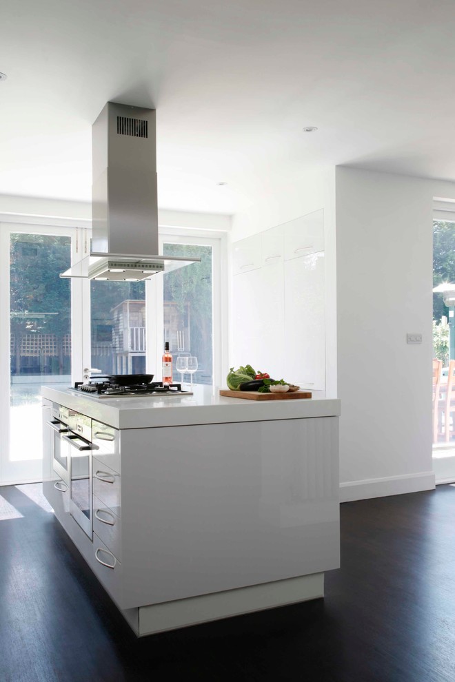Large modern galley eat-in kitchen in London with an undermount sink, flat-panel cabinets, white cabinets, solid surface benchtops, white splashback, glass sheet splashback, stainless steel appliances, dark hardwood floors and with island.