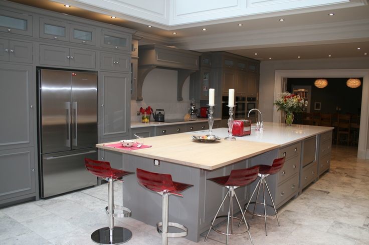 Inspiration for a contemporary galley open plan kitchen in Other with grey cabinets and an island.