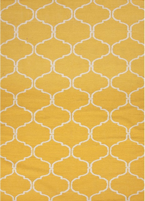 Handmade Geometric Flat Weave Yellow Wool Rug (5' x 8')