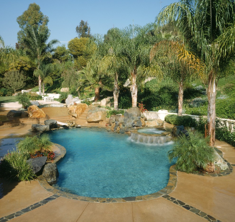 Mid-sized tropical backyard custom-shaped pool in San Diego with a hot tub and concrete slab.