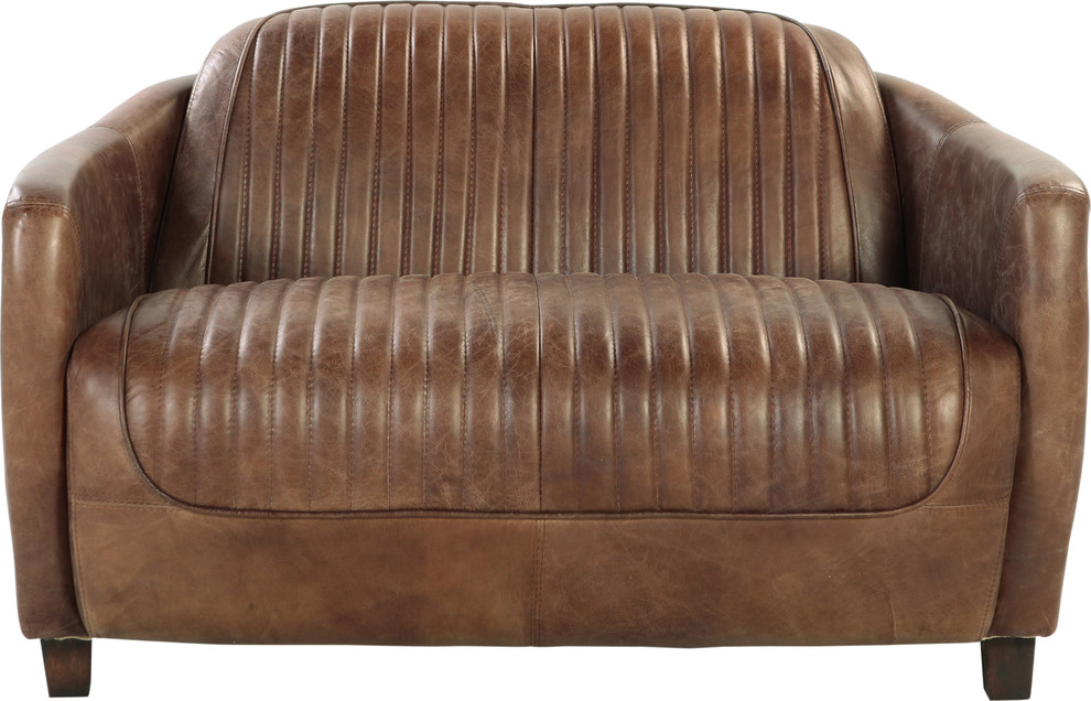 Brancaster Aluminum and Top Grain Leather Love Seat, Retro Brown - Industrial - Loveseats - by 