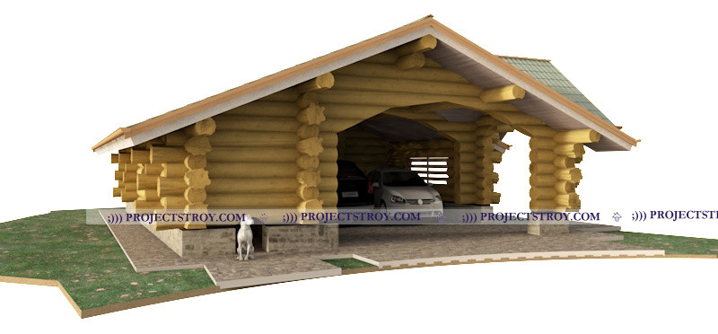 Навес для автомобилей и хозблок из бревна
