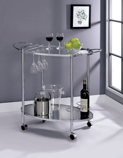 Oval Shaped Two Glass Shelves Metal Serving Cart with Casters, Silver