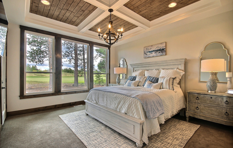 Large classic master bedroom in Portland with beige walls, carpet, no fireplace, brown floors and a coffered ceiling.
