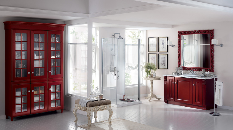 Design ideas for a large traditional master bathroom in Melbourne with a drop-in sink, raised-panel cabinets, red cabinets, quartzite benchtops, an alcove shower, white walls and painted wood floors.